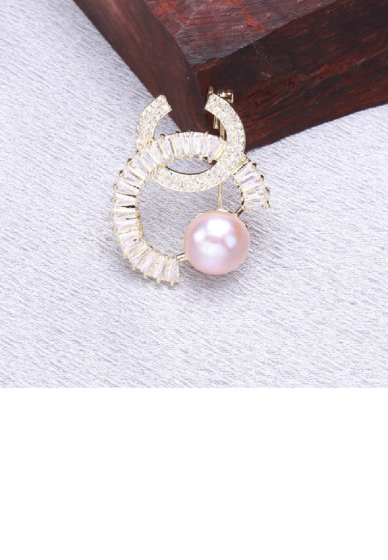 Fashion and Elegant Plated Gold Double C-shape Geometric Imitation Pearl Brooch with Cubic Zirconia - Luxurious Look