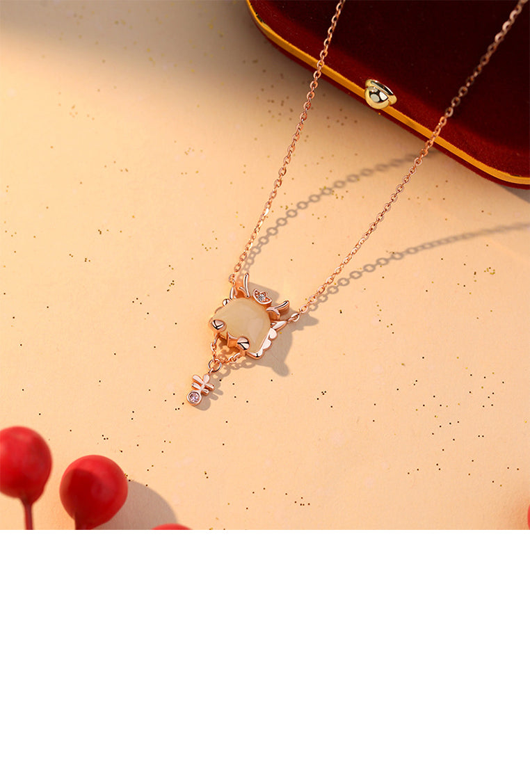 925 Sterling Silver Plated Rose Gold Fashion Vintage Zodiac Dragon Pendant with Cubic Zirconia and Necklace - Luxurious Look