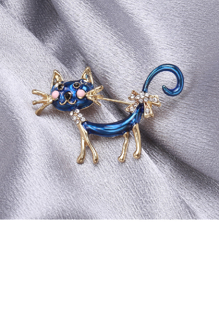 Simple Lovely Plated Gold Enamel Blue Cat Brooch with Cubic Zirconia - Luxurious Look
