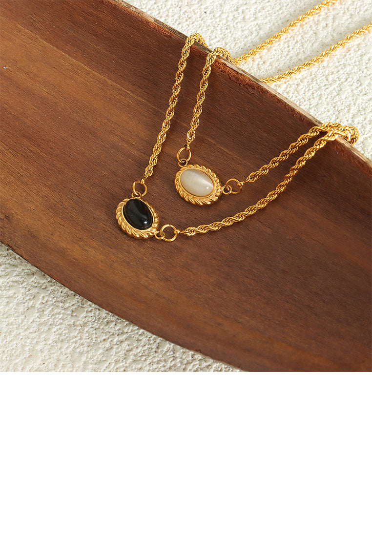 Fashion and Simple Plated Gold 316L Stainless Steel Twist Geometric Oval Pendant with Double Layer Necklace