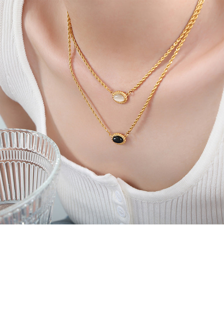 Fashion and Simple Plated Gold 316L Stainless Steel Twist Geometric Oval Pendant with Double Layer Necklace