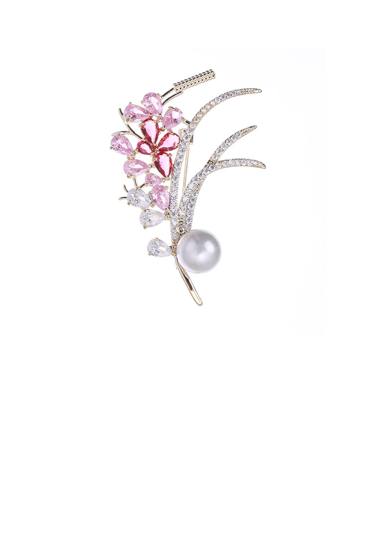 Fashion and Elegant Plated Gold Wheat Imitation Pearl Brooch with Pink Cubic Zirconia - Luxurious Look - Vibrant Color