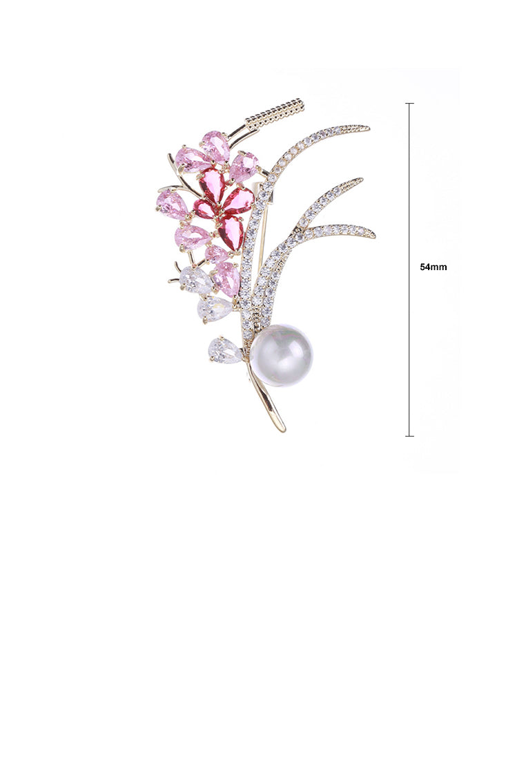 Fashion and Elegant Plated Gold Wheat Imitation Pearl Brooch with Pink Cubic Zirconia - Luxurious Look - Vibrant Color
