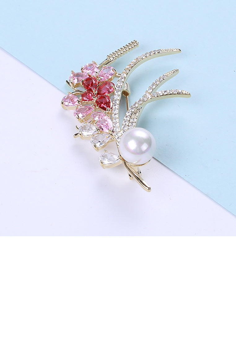 Fashion and Elegant Plated Gold Wheat Imitation Pearl Brooch with Pink Cubic Zirconia - Luxurious Look - Vibrant Color