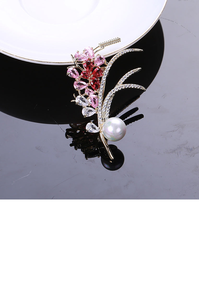 Fashion and Elegant Plated Gold Wheat Imitation Pearl Brooch with Pink Cubic Zirconia - Luxurious Look - Vibrant Color