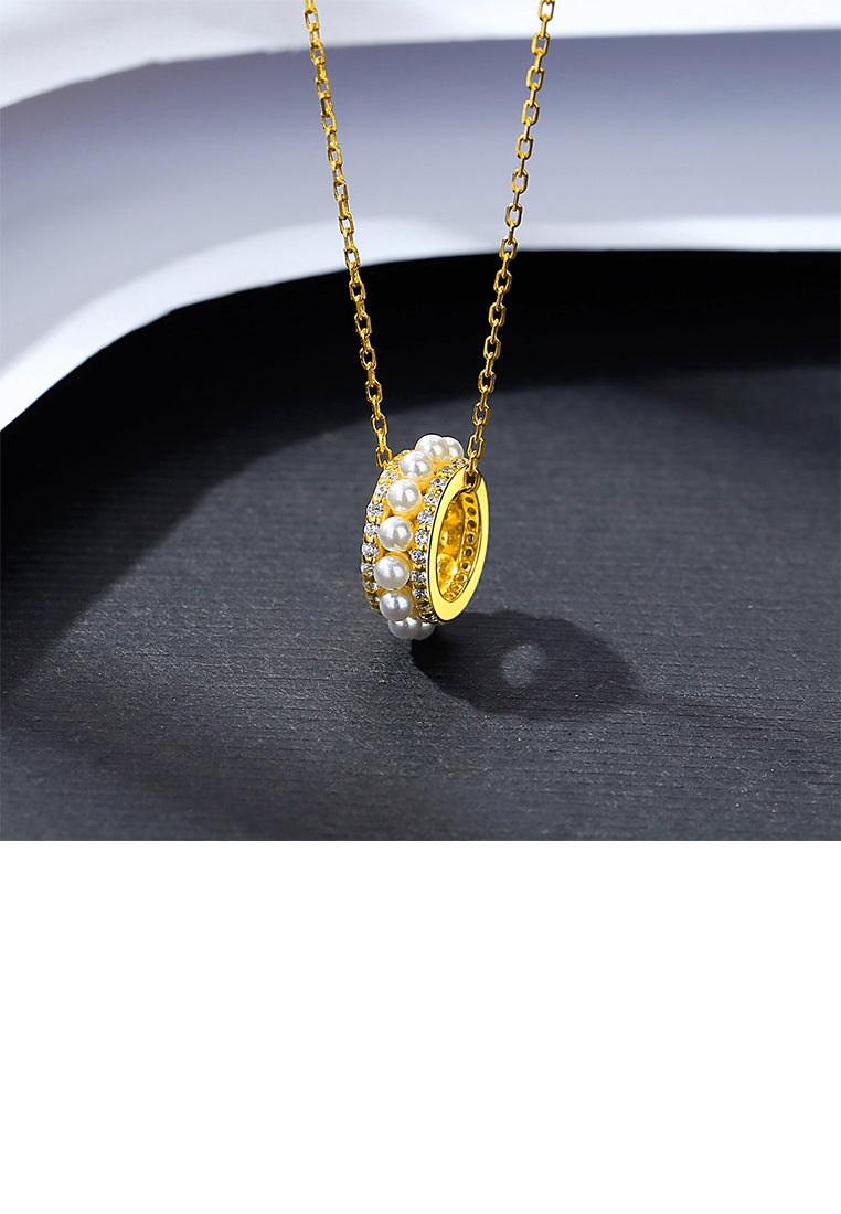 925 Sterling Silver Plated Gold Fashion Simple Geometric Circle Imitation Pearl Pendant with Cubic Zirconia and Necklace - Luxurious Look