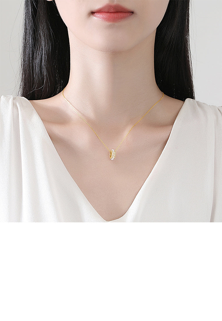 925 Sterling Silver Plated Gold Fashion Simple Geometric Circle Imitation Pearl Pendant with Cubic Zirconia and Necklace - Luxurious Look