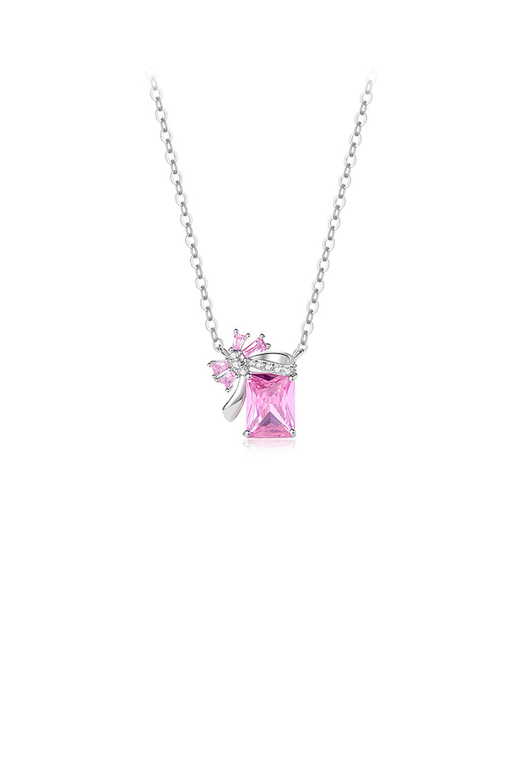 925 Sterling Silver Fashion Temperament Ribbon Square Geometric Pendant with Pink Cubic Zirconia and Necklace - Luxurious Look - Vibrant Color
