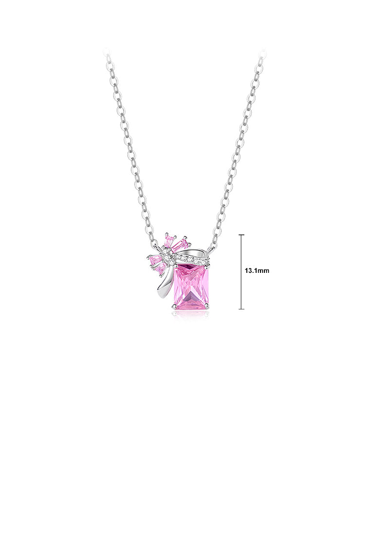 925 Sterling Silver Fashion Temperament Ribbon Square Geometric Pendant with Pink Cubic Zirconia and Necklace - Luxurious Look - Vibrant Color