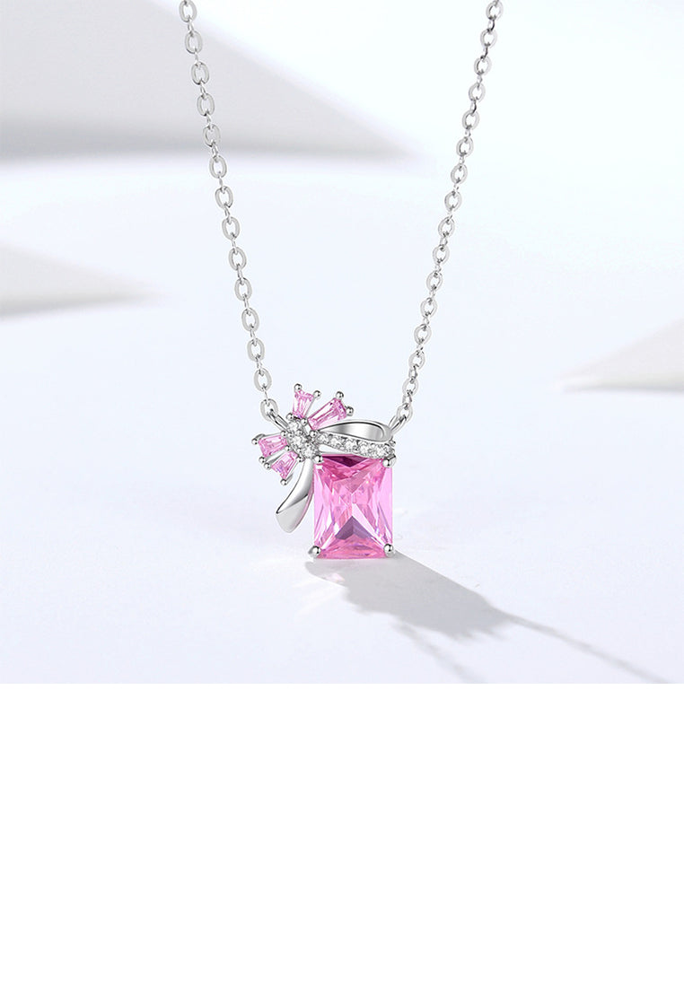 925 Sterling Silver Fashion Temperament Ribbon Square Geometric Pendant with Pink Cubic Zirconia and Necklace - Luxurious Look - Vibrant Color
