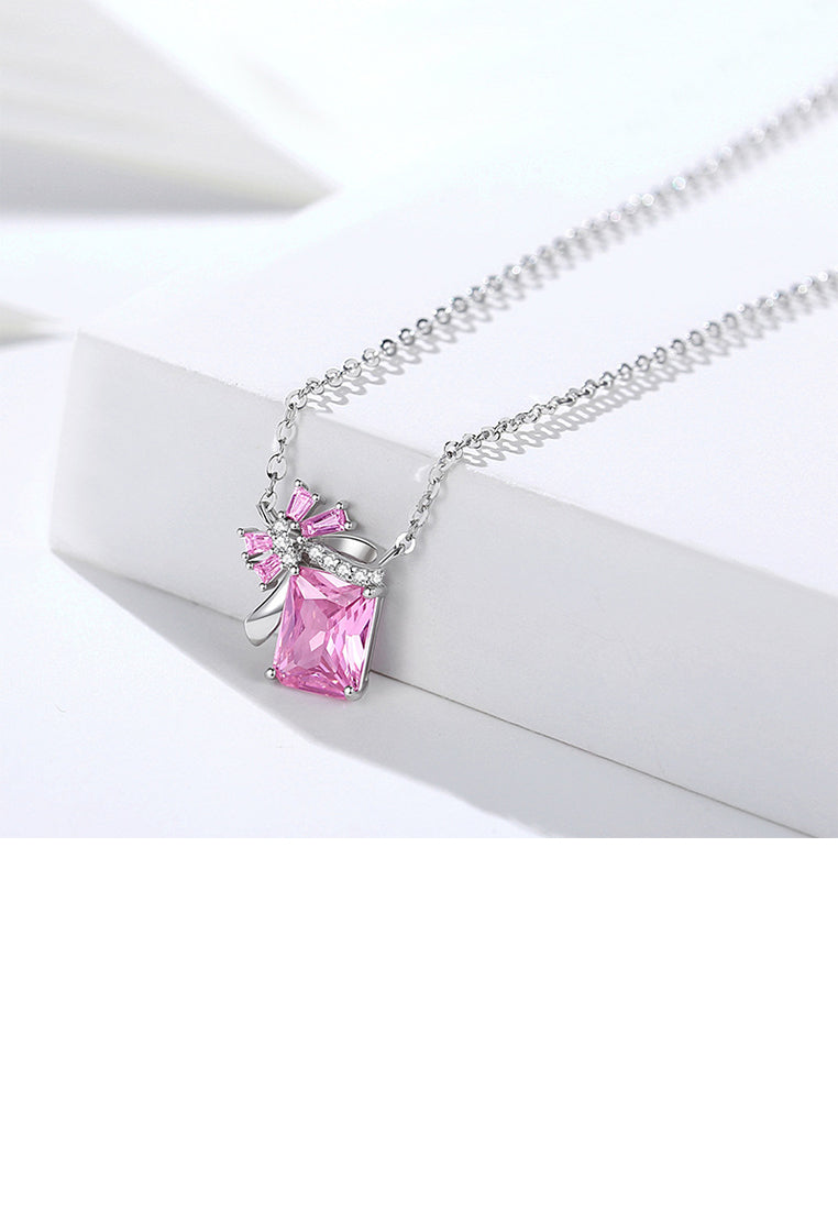 925 Sterling Silver Fashion Temperament Ribbon Square Geometric Pendant with Pink Cubic Zirconia and Necklace - Luxurious Look - Vibrant Color