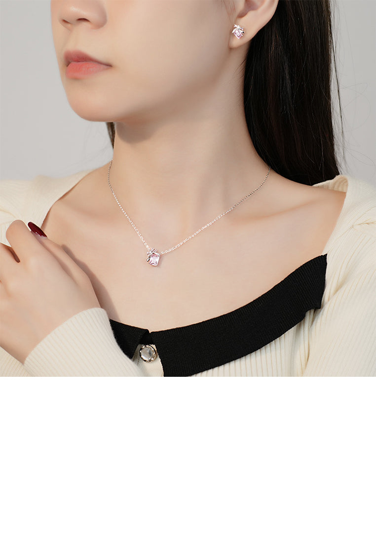 925 Sterling Silver Fashion Temperament Ribbon Square Geometric Pendant with Pink Cubic Zirconia and Necklace - Luxurious Look - Vibrant Color
