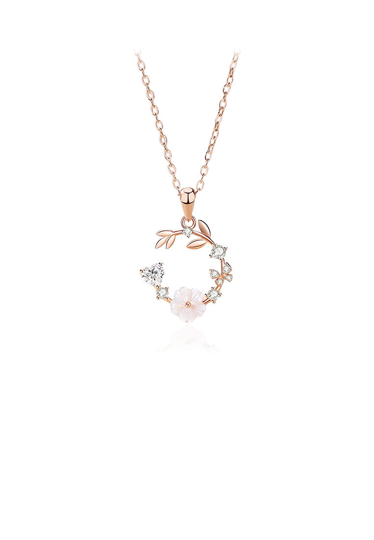 925 Sterling Silver Plated Rose Gold Simple and Fashion Flower Butterfly Pendant with Cubic Zirconia and Necklace - Luxurious Look