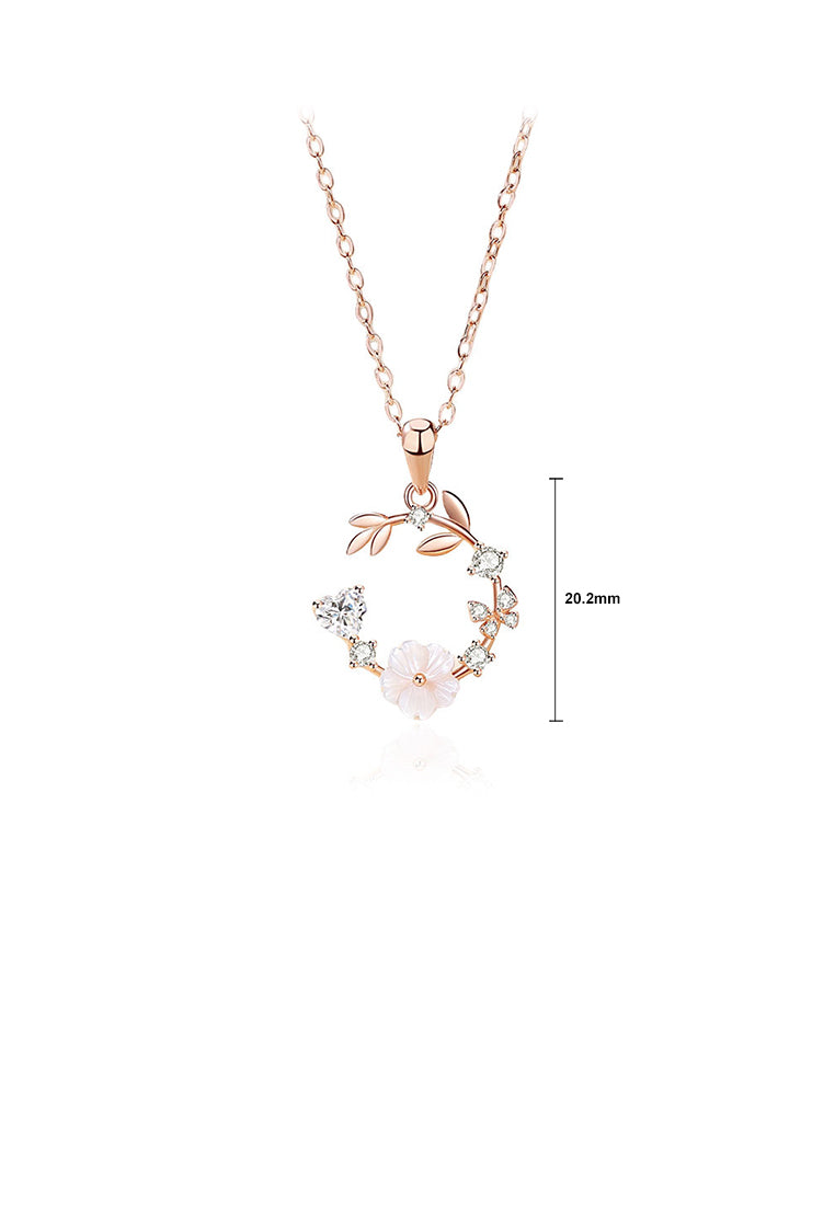 925 Sterling Silver Plated Rose Gold Simple and Fashion Flower Butterfly Pendant with Cubic Zirconia and Necklace - Luxurious Look