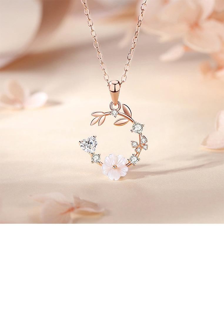 925 Sterling Silver Plated Rose Gold Simple and Fashion Flower Butterfly Pendant with Cubic Zirconia and Necklace - Luxurious Look
