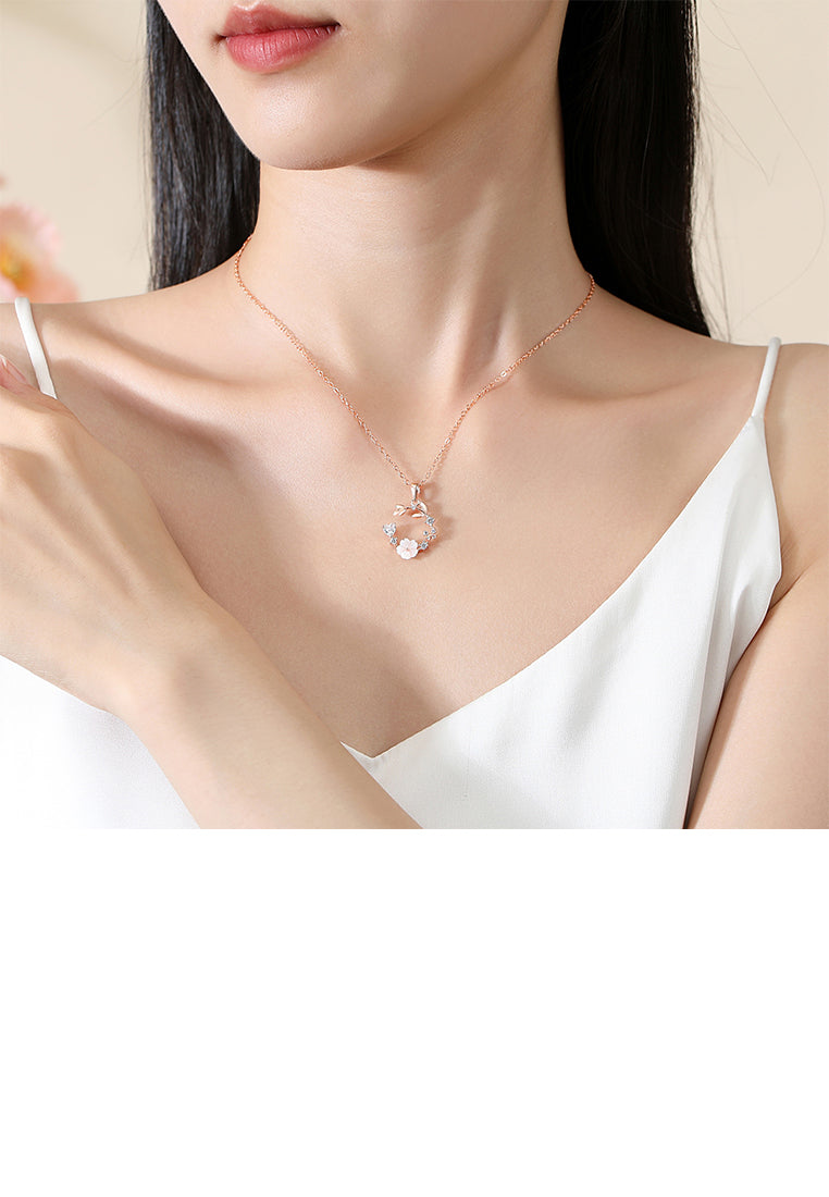 925 Sterling Silver Plated Rose Gold Simple and Fashion Flower Butterfly Pendant with Cubic Zirconia and Necklace - Luxurious Look