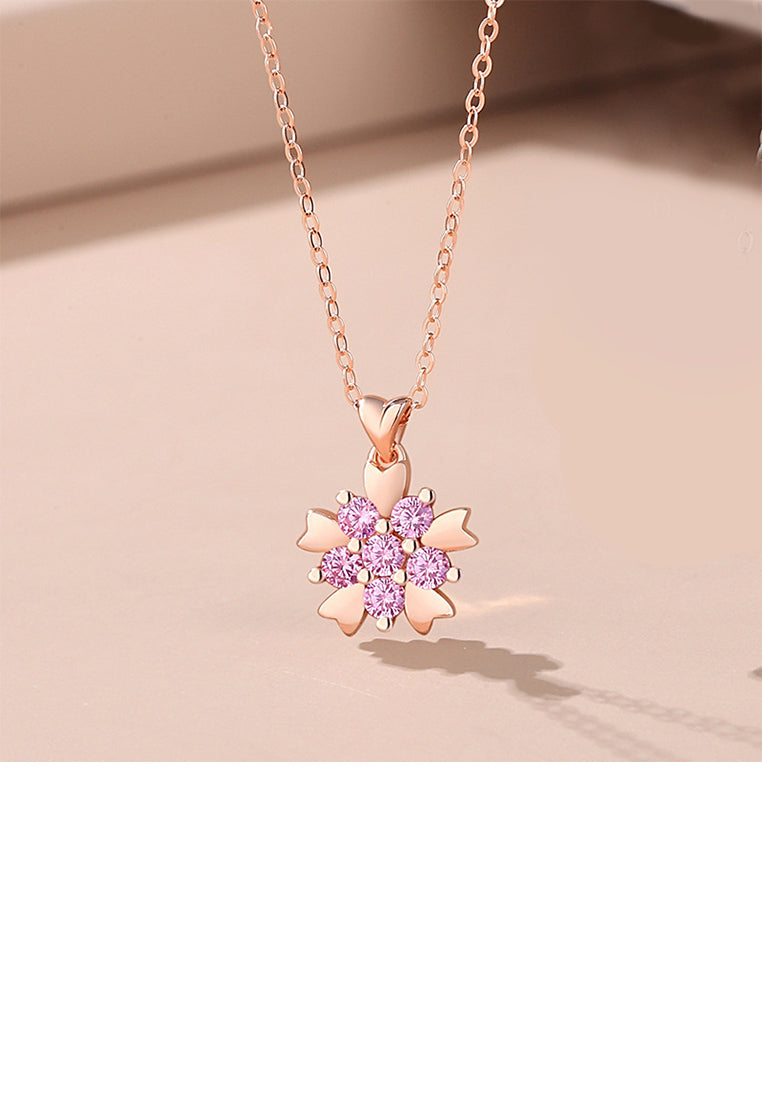 925 Sterling Silver Plated Rose Gold Fashion Simple Snowflake Pendant with Pink Cubic Zirconia and Necklaces - Luxurious Look - Vibrant Color