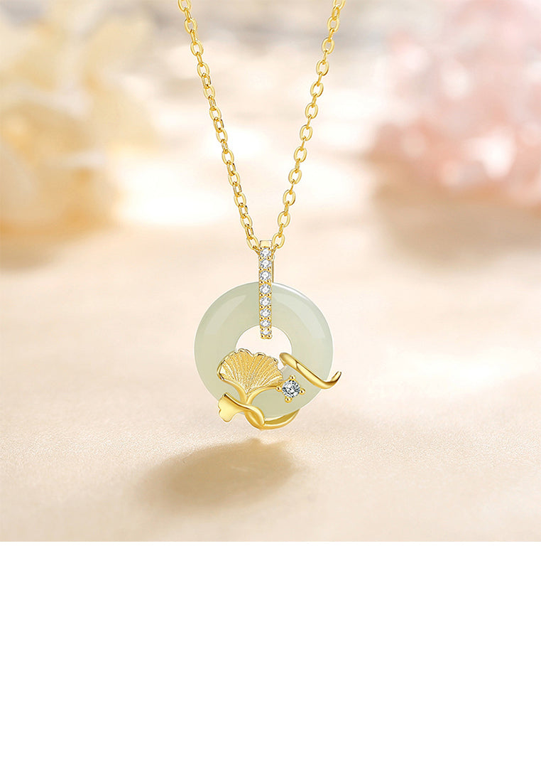 925 Sterling Silver Plated Gold Fashion Vintage Ginkgo Leaf Safety Buckle Pendant with Cubic Zirconia and Necklace - Luxurious Look