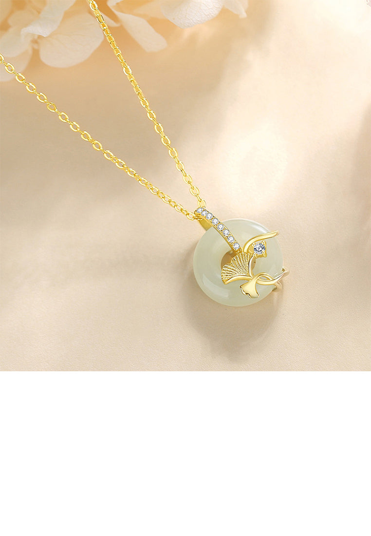 925 Sterling Silver Plated Gold Fashion Vintage Ginkgo Leaf Safety Buckle Pendant with Cubic Zirconia and Necklace - Luxurious Look