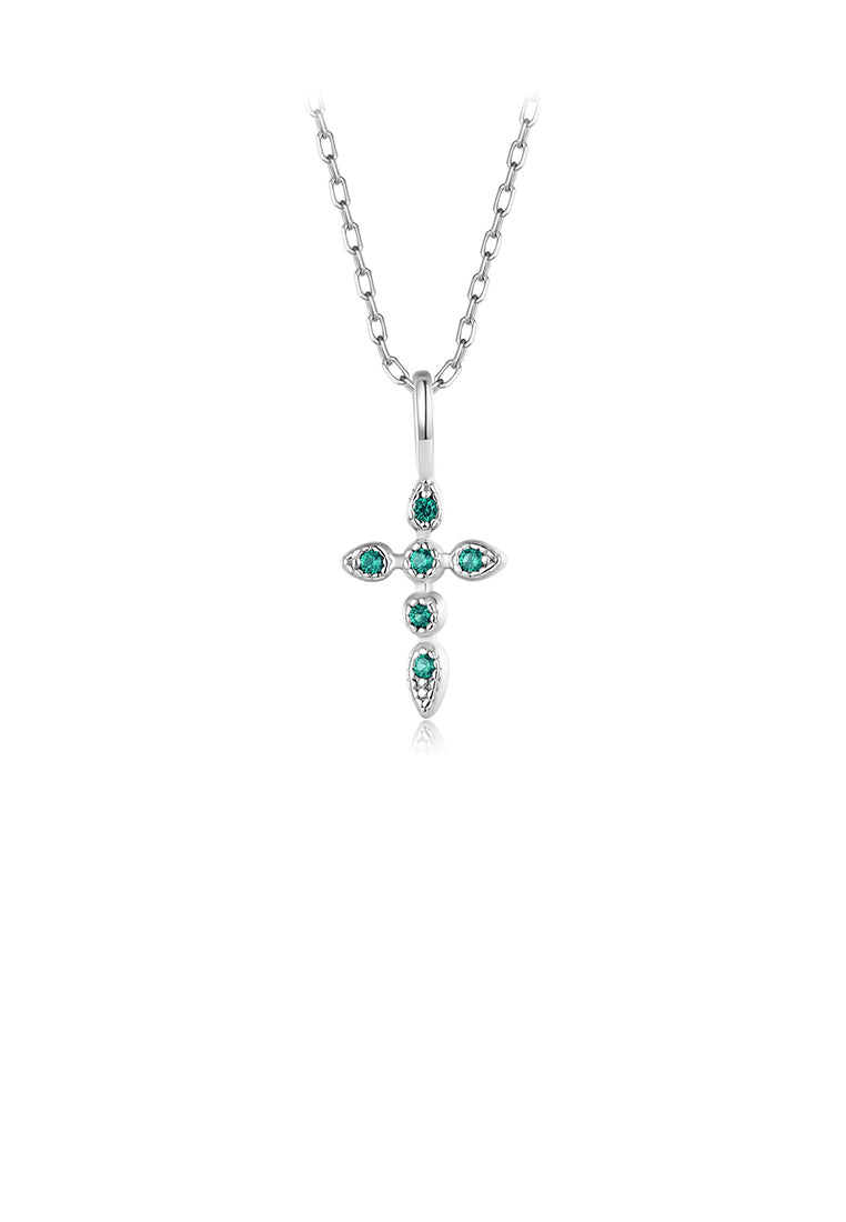 925 Sterling Silver Fashion Simple Cross Pendant with Green Cubic Zirconia and Necklace - Luxurious Look
