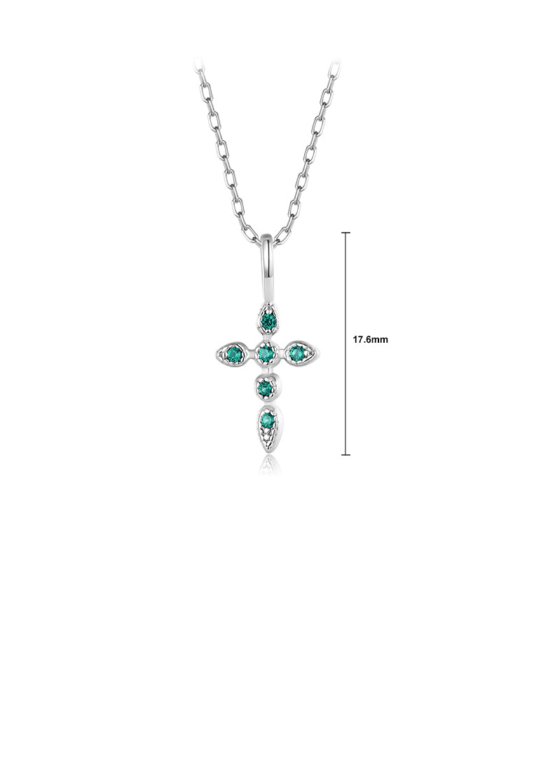 925 Sterling Silver Fashion Simple Cross Pendant with Green Cubic Zirconia and Necklace - Luxurious Look