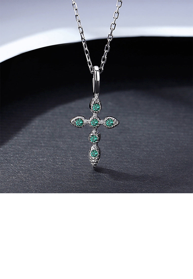 925 Sterling Silver Fashion Simple Cross Pendant with Green Cubic Zirconia and Necklace - Luxurious Look
