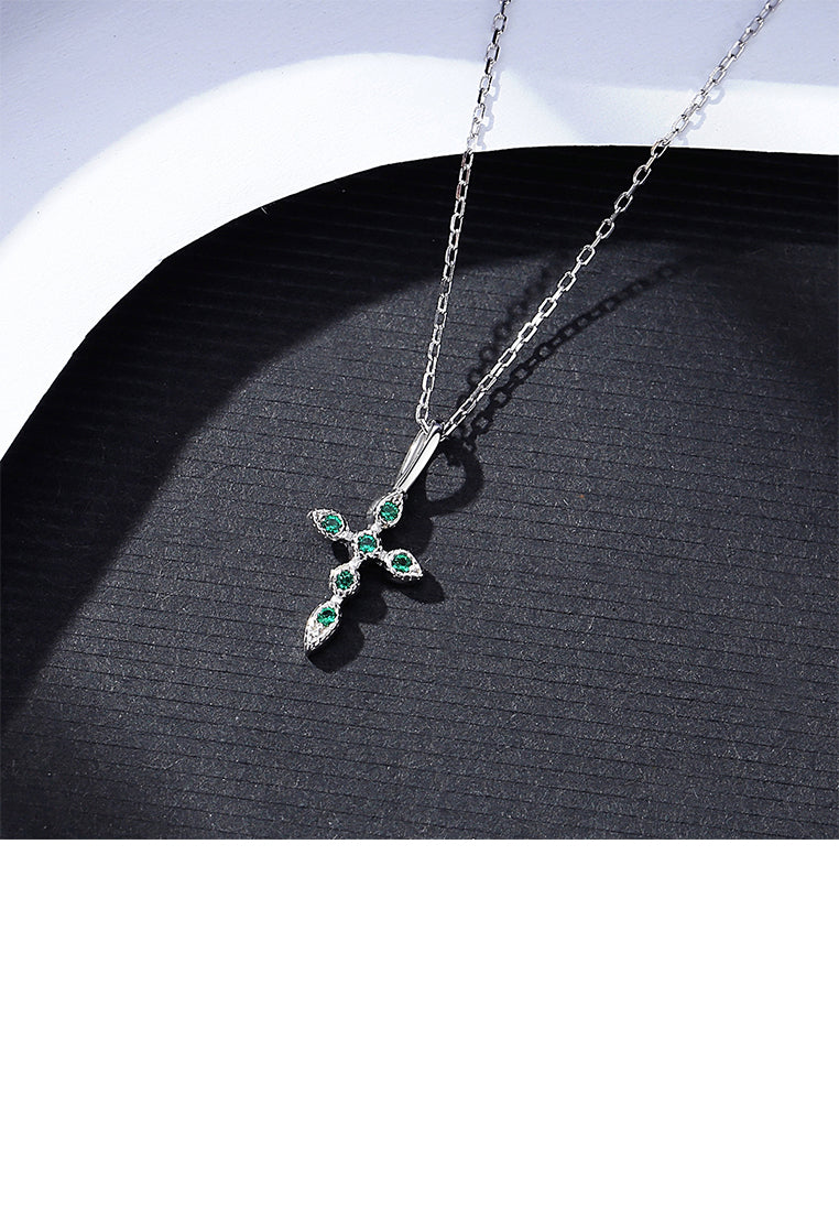 925 Sterling Silver Fashion Simple Cross Pendant with Green Cubic Zirconia and Necklace - Luxurious Look