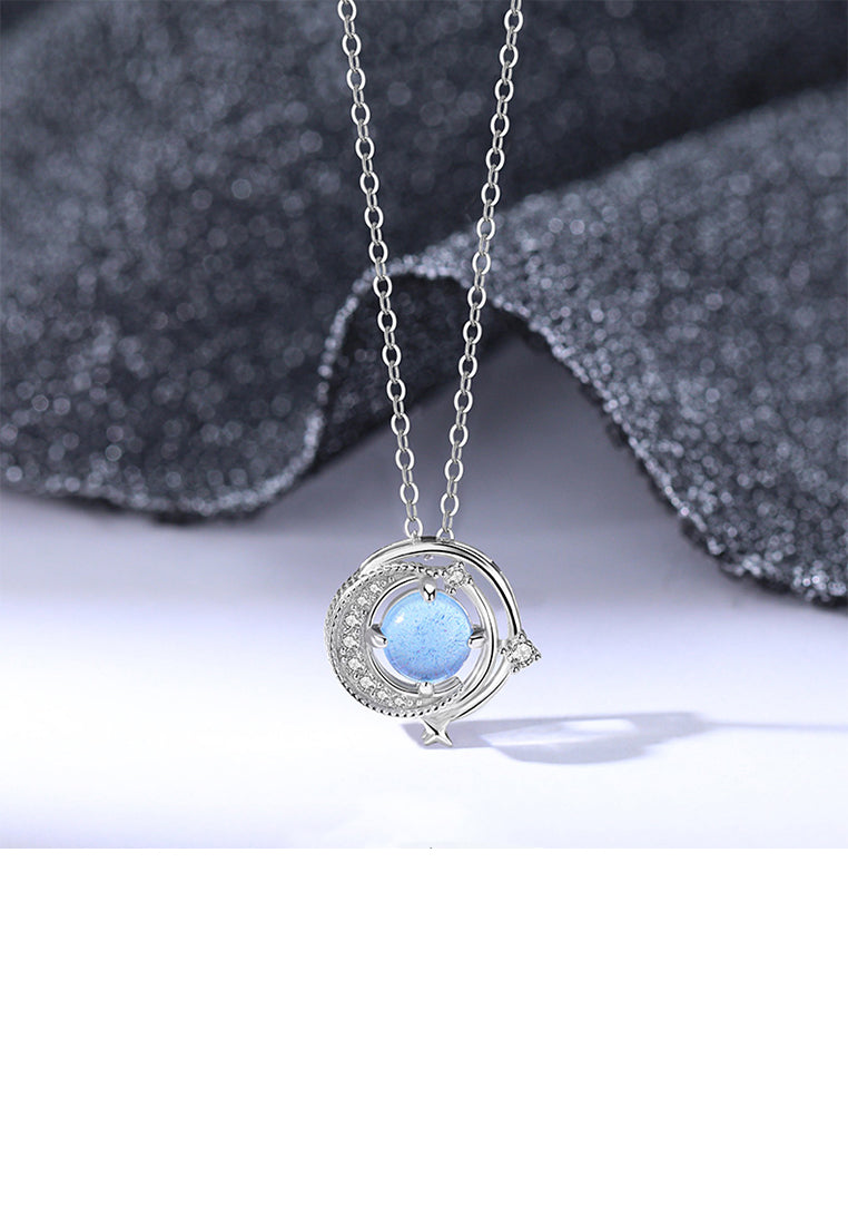 925 Sterling Silver Fashion and Creative Moon Planet Pendant with Cubic Zirconia and Necklace - Luxurious Look