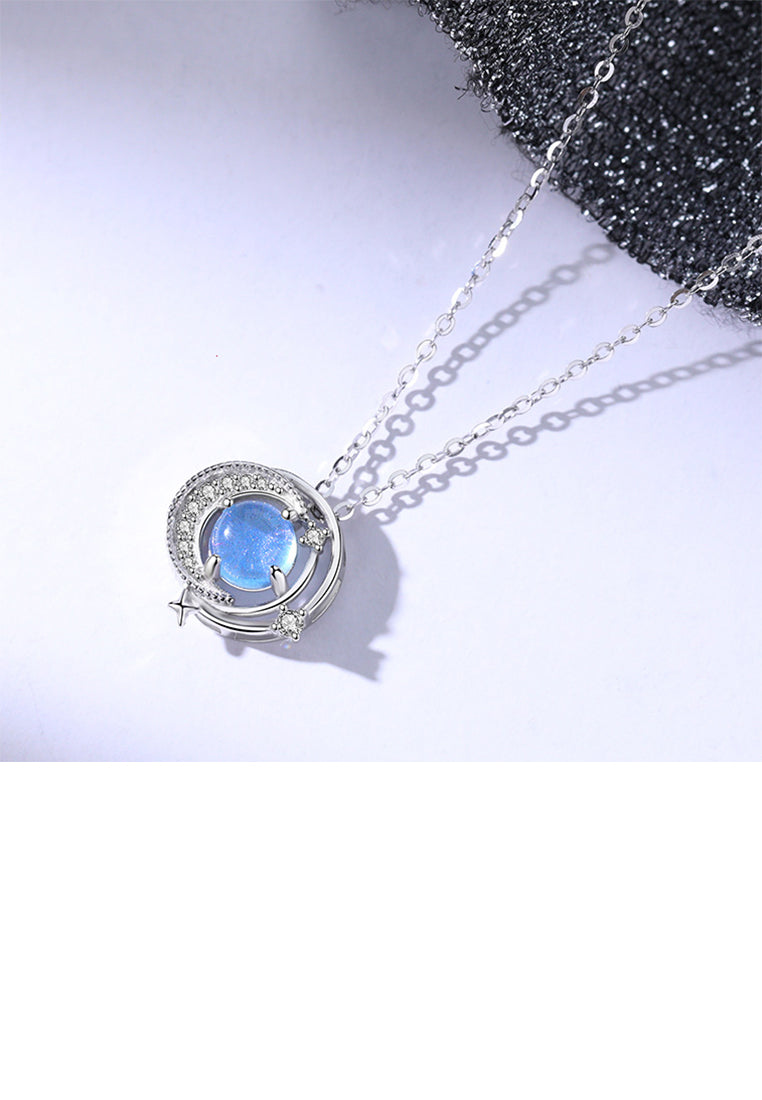 925 Sterling Silver Fashion and Creative Moon Planet Pendant with Cubic Zirconia and Necklace - Luxurious Look