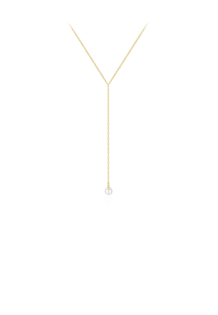 925 Sterling Silver Plated Gold Simple and Fashion Geometric Tassel Imitation Pearl Pendant with Necklace - Luxurious Look