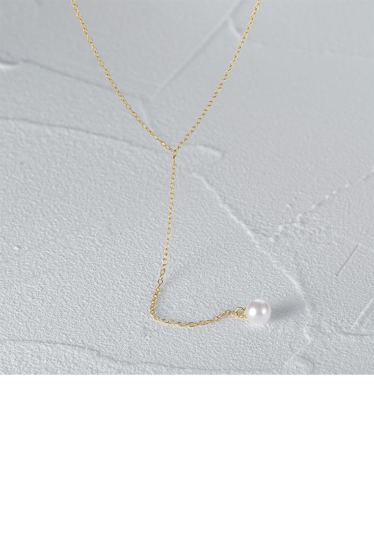 925 Sterling Silver Plated Gold Simple and Fashion Geometric Tassel Imitation Pearl Pendant with Necklace - Luxurious Look