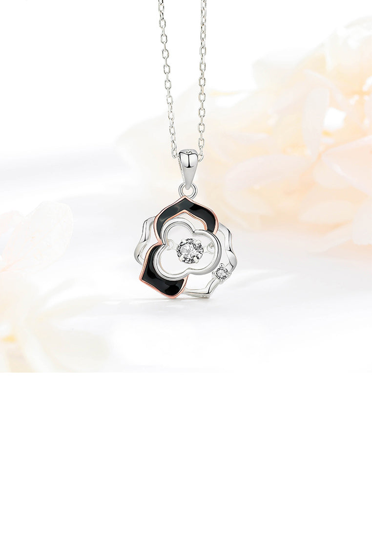 925 Sterling Silver Simple Temperament Enamel Hollow Rose Pendant with Cubic Zirconia and Necklace - Luxurious Look