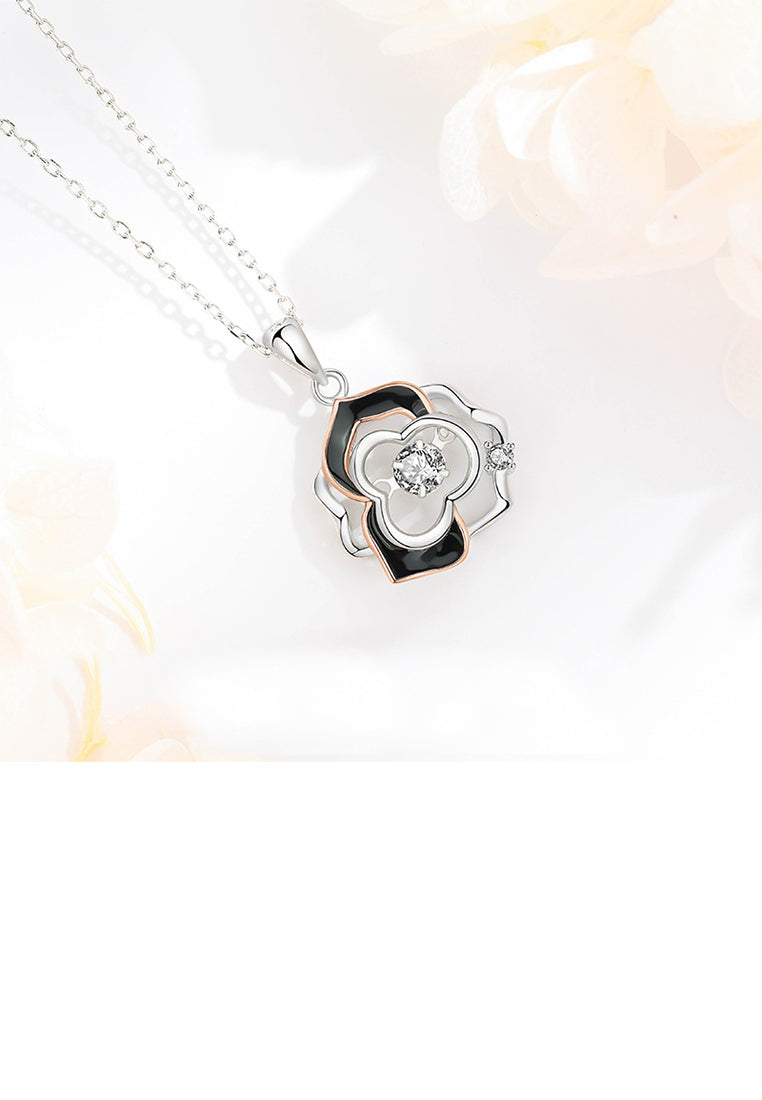 925 Sterling Silver Simple Temperament Enamel Hollow Rose Pendant with Cubic Zirconia and Necklace - Luxurious Look