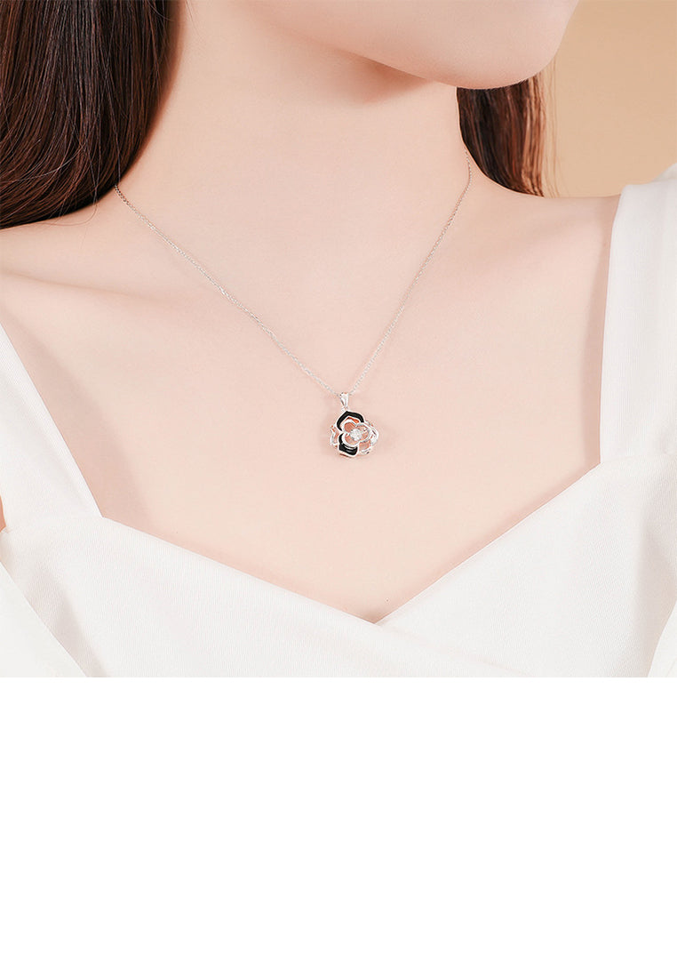 925 Sterling Silver Simple Temperament Enamel Hollow Rose Pendant with Cubic Zirconia and Necklace - Luxurious Look
