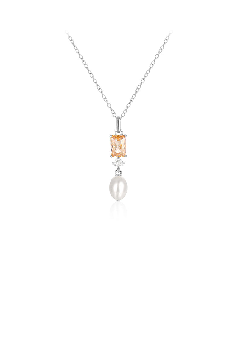 925 Sterling Silver Simple and Elegant Geometric Imitation Pearl Pendant with Cubic Zirconia and Necklace - Luxurious Look