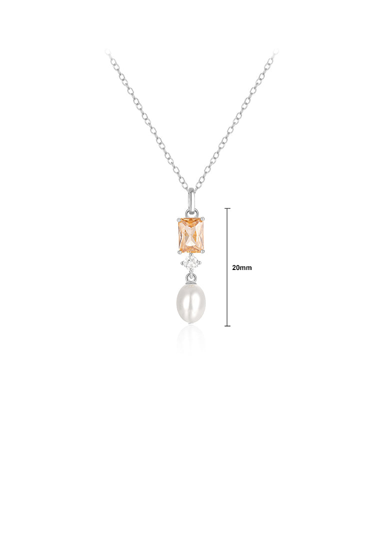 925 Sterling Silver Simple and Elegant Geometric Imitation Pearl Pendant with Cubic Zirconia and Necklace - Luxurious Look