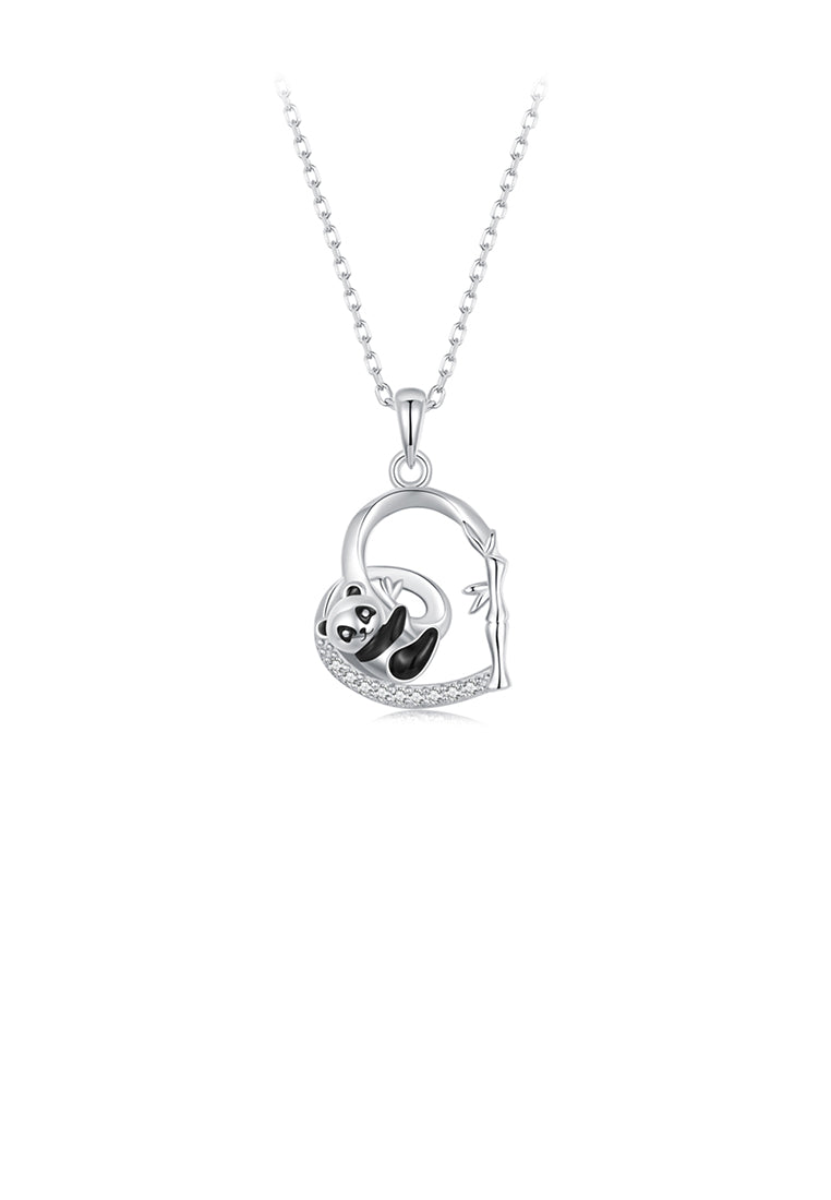 925 Sterling Silver Fashion Creative Panda Bamboo Heart Shape Pendant with Cubic Zirconia and Necklace - Luxurious Look