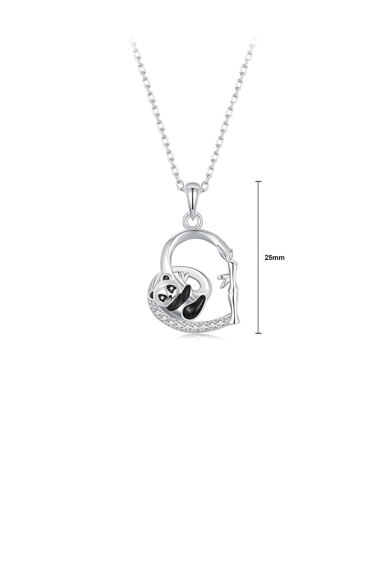 925 Sterling Silver Fashion Creative Panda Bamboo Heart Shape Pendant with Cubic Zirconia and Necklace - Luxurious Look