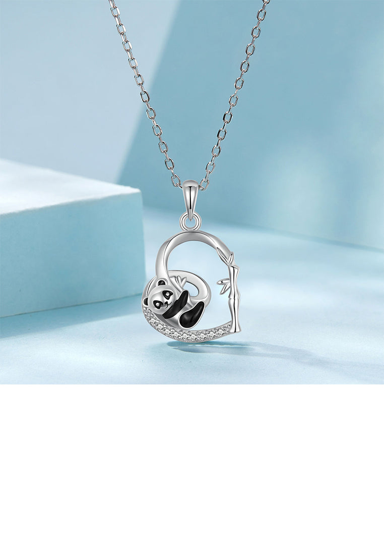 925 Sterling Silver Fashion Creative Panda Bamboo Heart Shape Pendant with Cubic Zirconia and Necklace - Luxurious Look