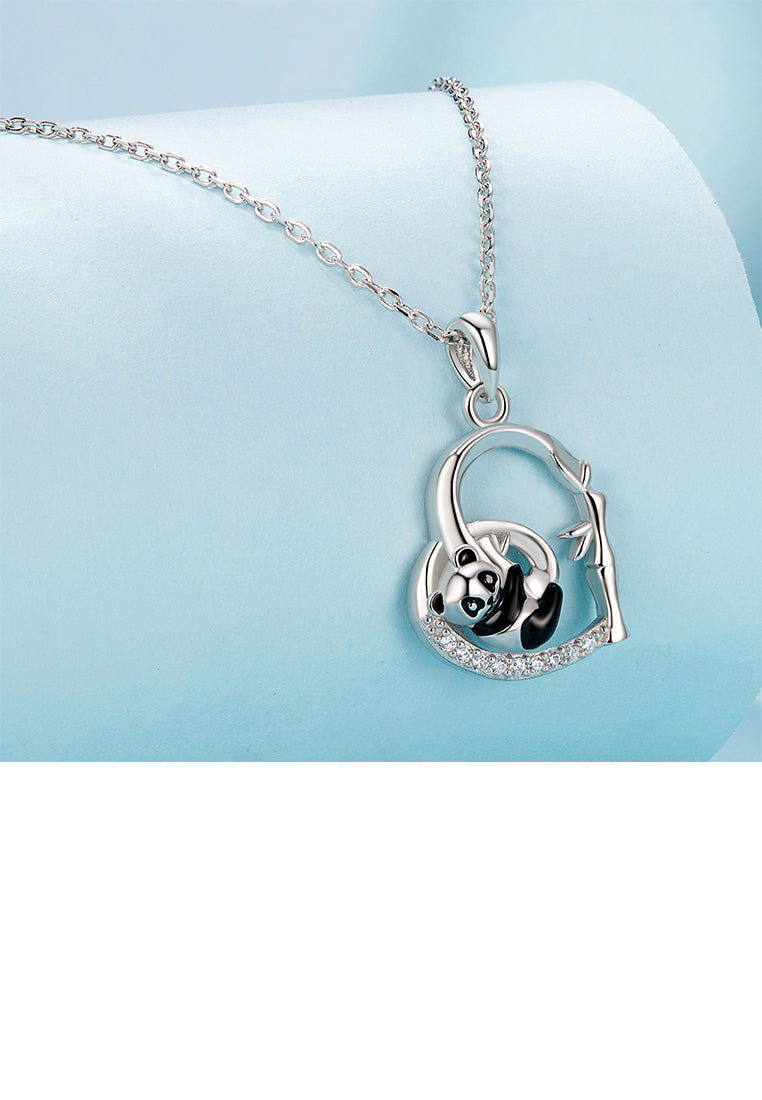 925 Sterling Silver Fashion Creative Panda Bamboo Heart Shape Pendant with Cubic Zirconia and Necklace - Luxurious Look