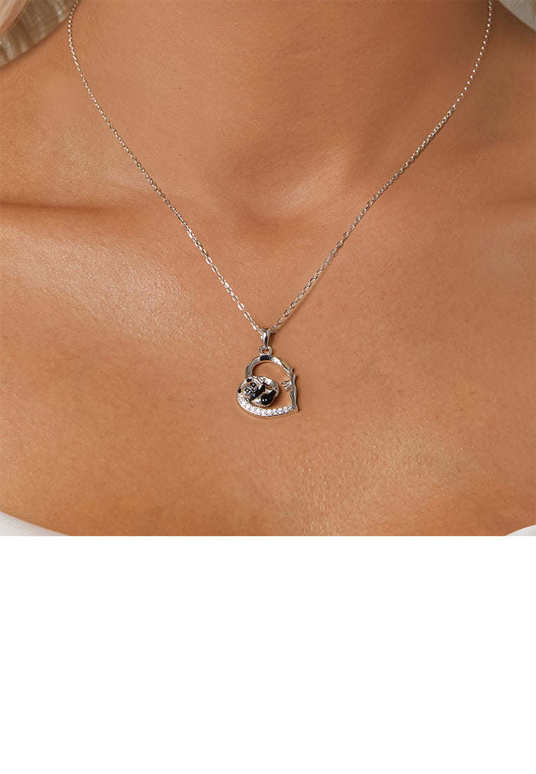 925 Sterling Silver Fashion Creative Panda Bamboo Heart Shape Pendant with Cubic Zirconia and Necklace - Luxurious Look