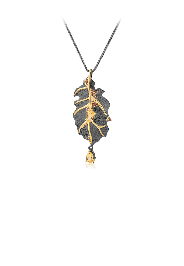 925 Sterling Silver Plated Black Fashion Temperament Leaves Citrine Pendant with Cubic Zirconia and Necklace - Luxurious Look