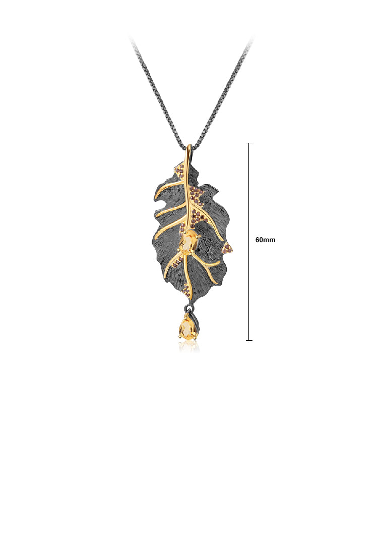 925 Sterling Silver Plated Black Fashion Temperament Leaves Citrine Pendant with Cubic Zirconia and Necklace - Luxurious Look