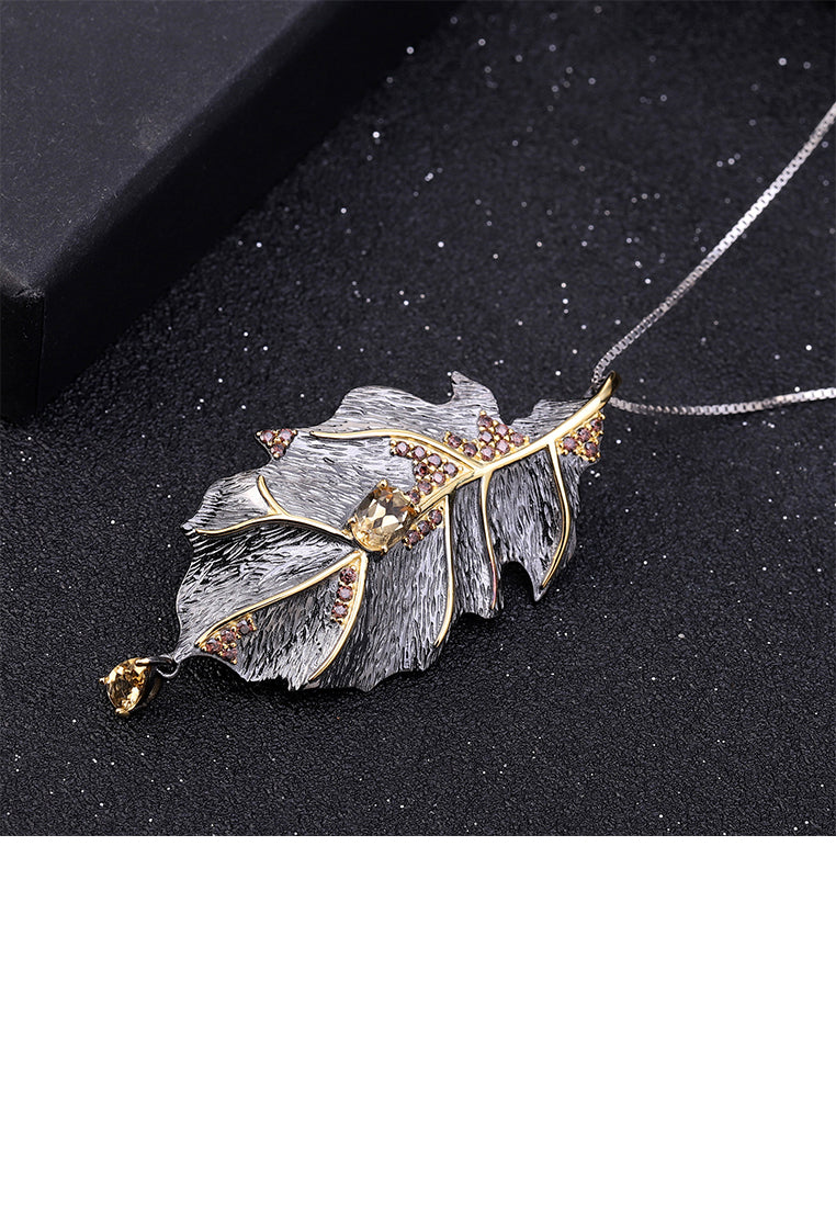 925 Sterling Silver Plated Black Fashion Temperament Leaves Citrine Pendant with Cubic Zirconia and Necklace - Luxurious Look