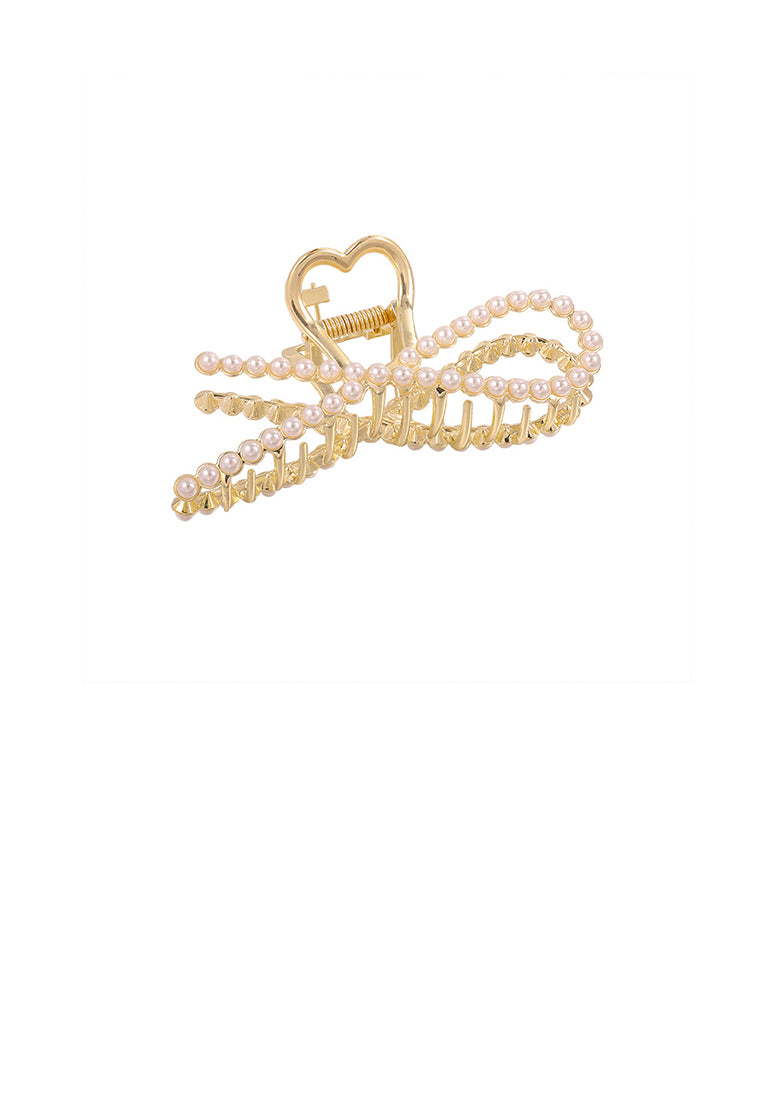Simple And Elegant Plated Gold Ribbon Imitation Pearl Hair Claw - Elegant Hairpiece - Luxurious Look