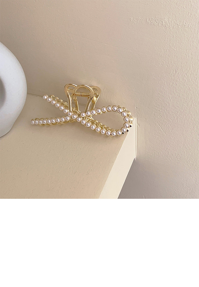 Simple And Elegant Plated Gold Ribbon Imitation Pearl Hair Claw - Elegant Hairpiece - Luxurious Look