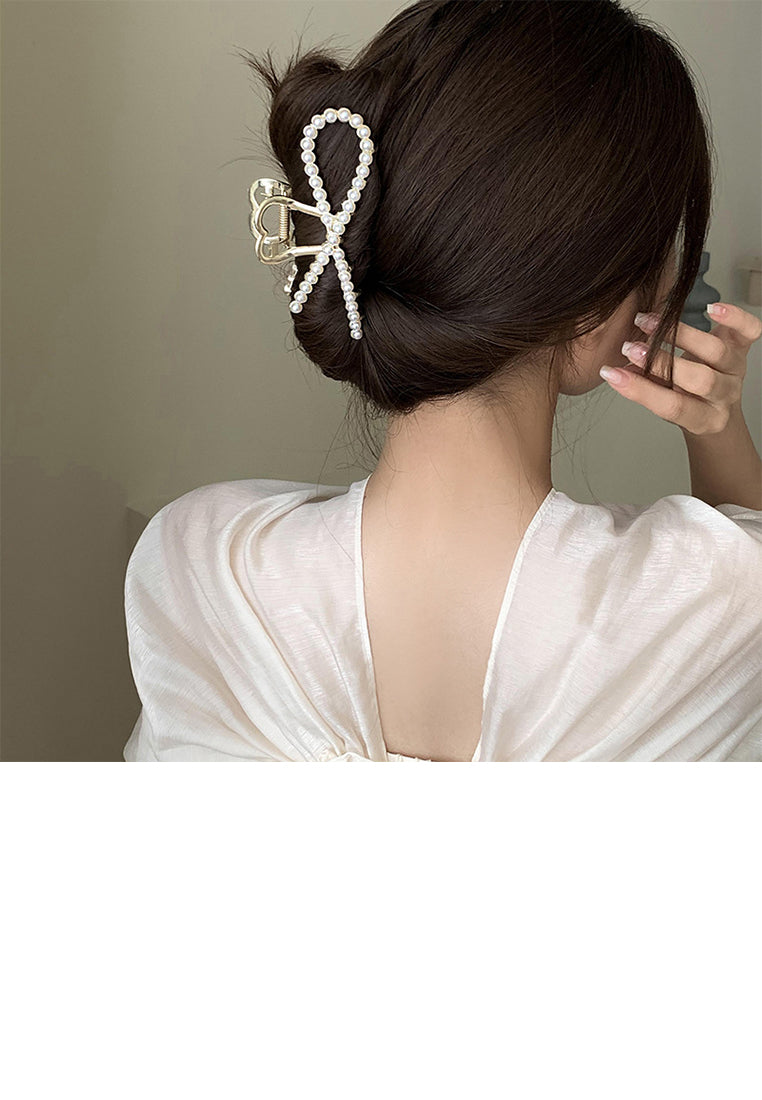 Simple And Elegant Plated Gold Ribbon Imitation Pearl Hair Claw - Elegant Hairpiece - Luxurious Look