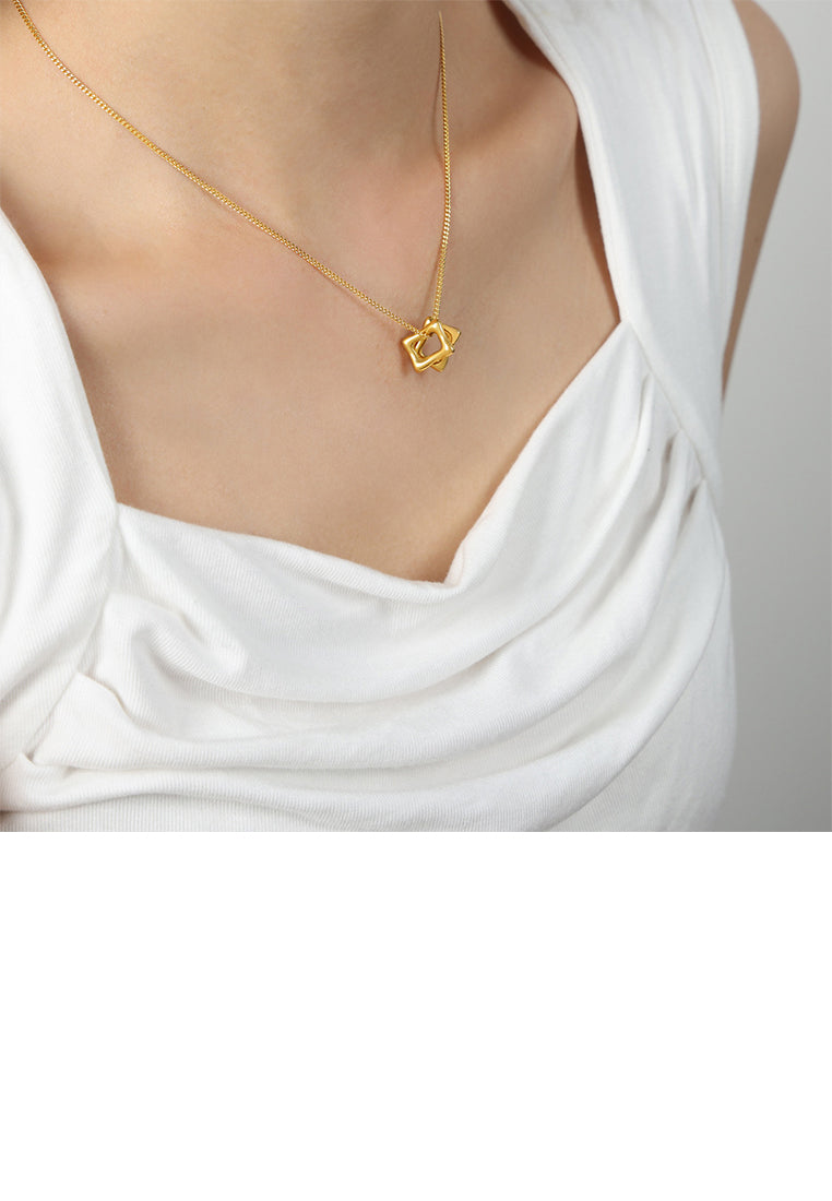 Simple and Fashion Plated Gold 316L Stainless Steel Hollow Geometric Square Pendant with Necklace