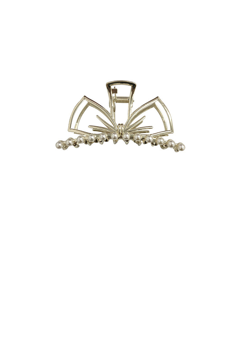 Simple And Temperament Plated Gold Hollow Ribbon Imitation Pearl Hair Claw - Elegant Hairpiece - Luxurious Look