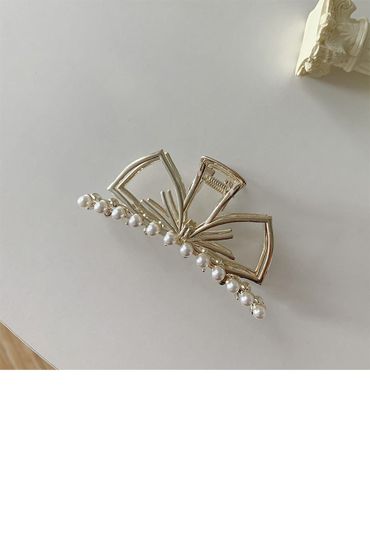 Simple And Temperament Plated Gold Hollow Ribbon Imitation Pearl Hair Claw - Elegant Hairpiece - Luxurious Look